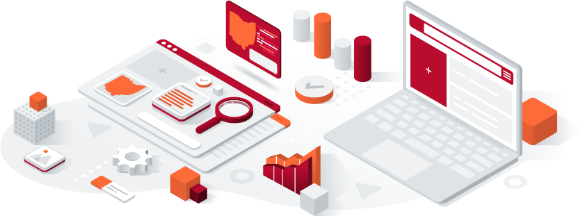 illustration of computers, charts, graphs, magnifying glass