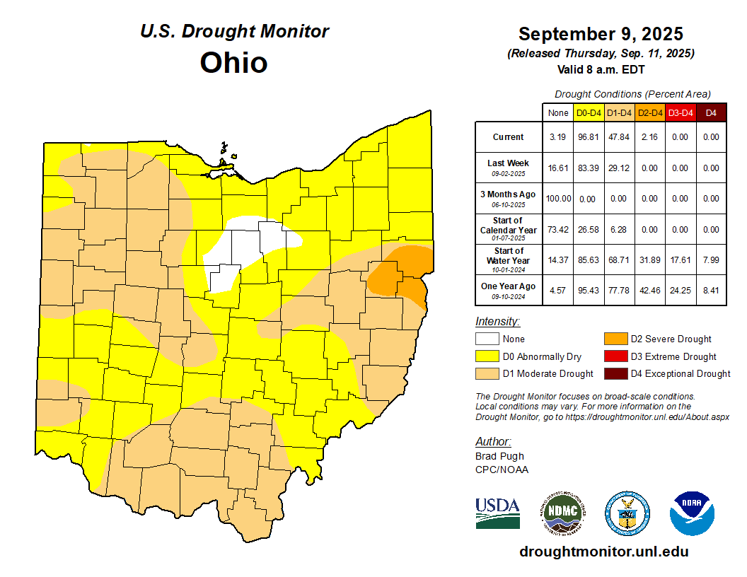 map of the state with yellow, orange, red, dark red to show current drought conditions