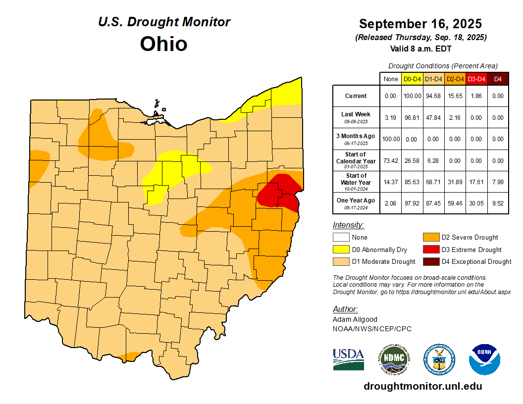 map of the state with yellow, orange, red, dark red to show current drought conditions