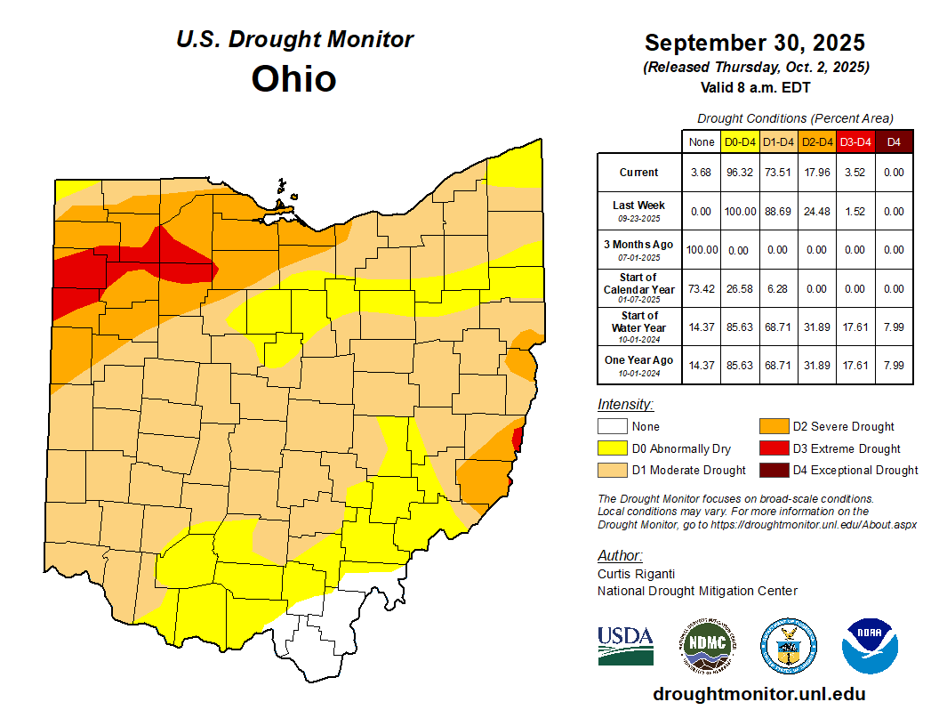 map of the state with yellow, orange, red, dark red to show current drought conditions