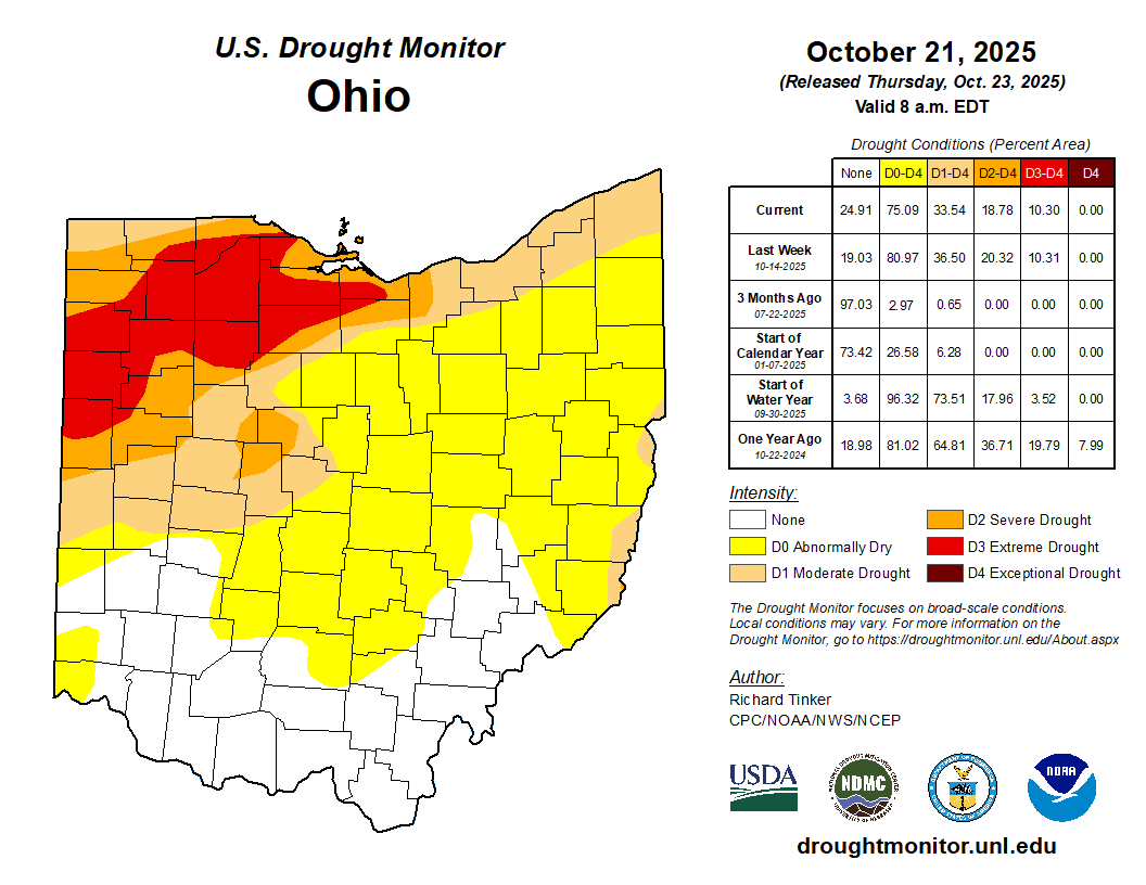 map of the state with yellow, orange, red, dark red to show current drought conditions