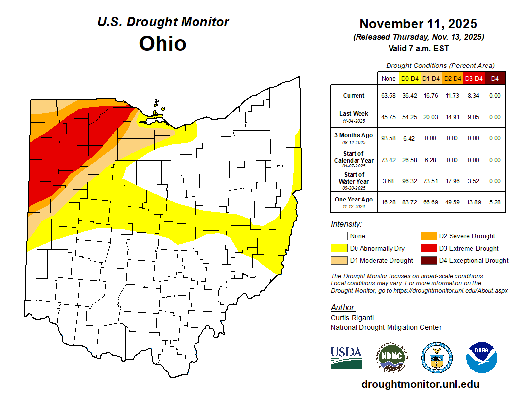 map of the state with yellow, orange, red, dark red to show current drought conditions