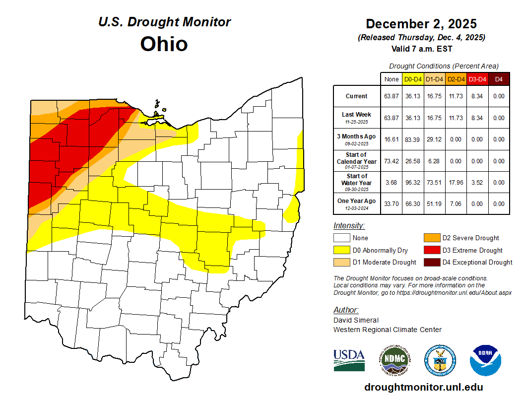 map of the state with yellow, orange, red, dark red to show current drought conditions