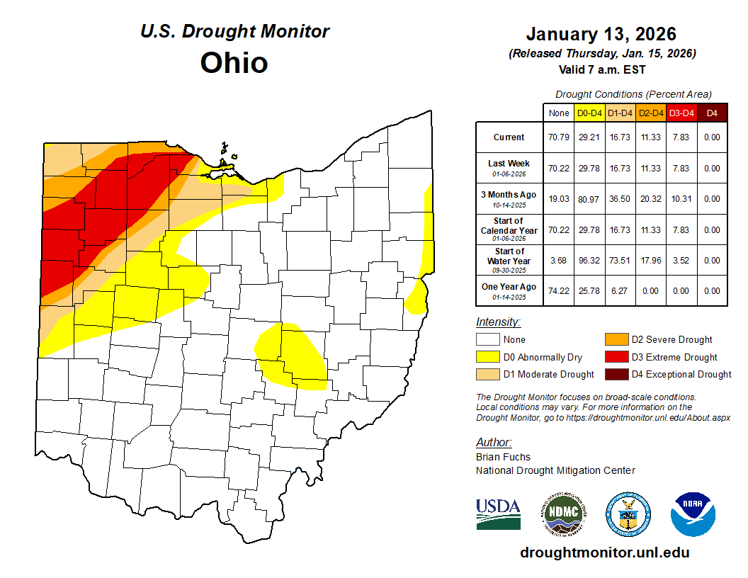 map of the state with yellow, orange, red, dark red to show current drought conditions