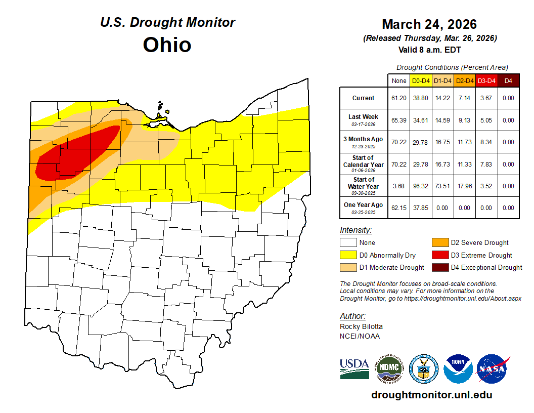 map of the state with yellow, orange, red, dark red to show current drought conditions