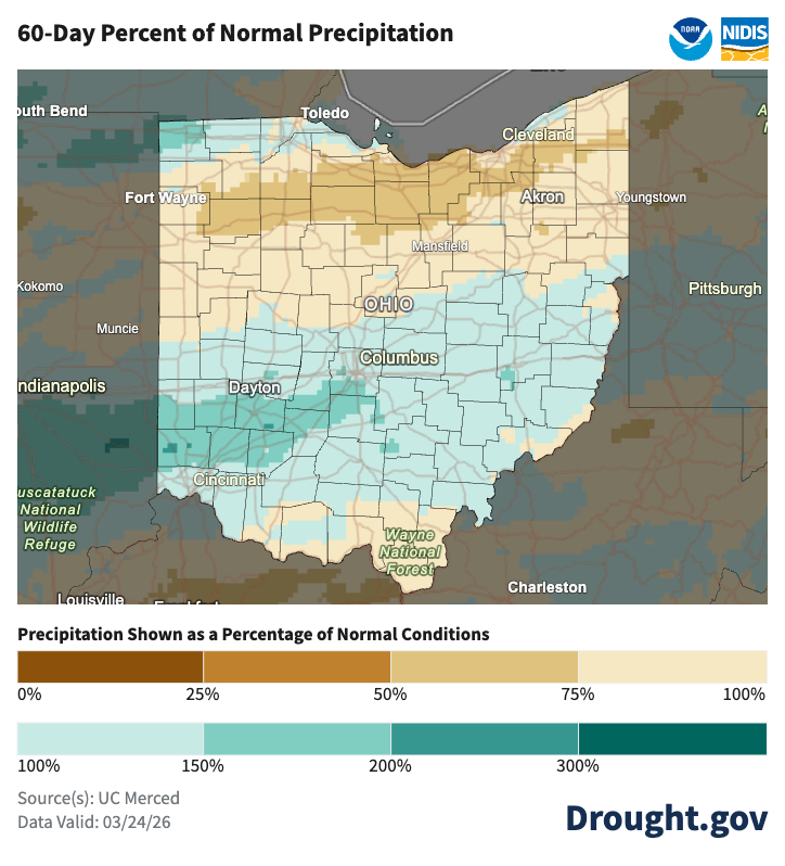 map of ohio with brown and white colors to indicate percentage of normal precipitation