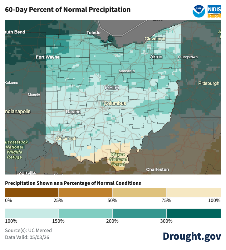 map of ohio with brown and white colors to indicate percentage of normal precipitation