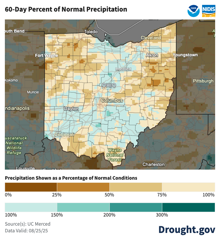 map of ohio with brown and white colors to indicate percentage of normal precipitation