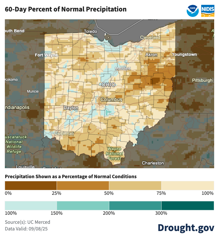 map of ohio with brown and white colors to indicate percentage of normal precipitation