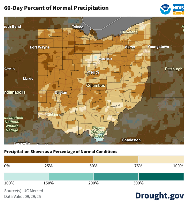 map of ohio with brown and white colors to indicate percentage of normal precipitation