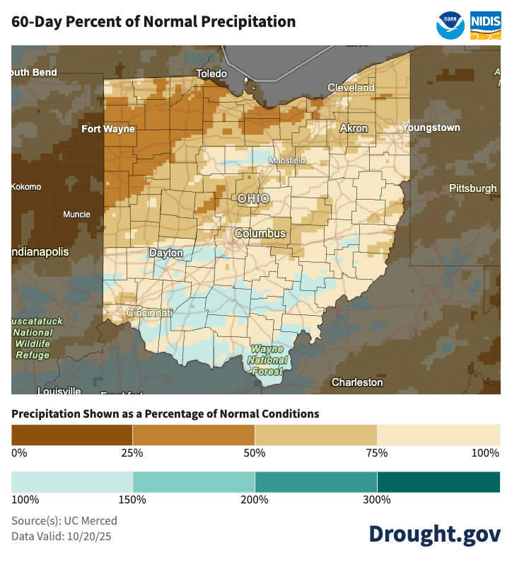 map of ohio with brown and white colors to indicate percentage of normal precipitation