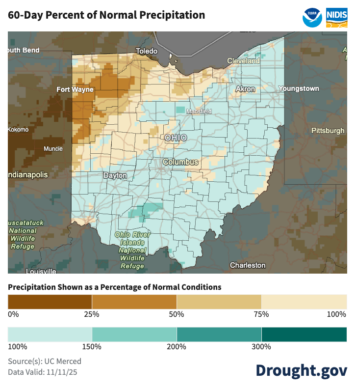 map of ohio with brown and white colors to indicate percentage of normal precipitation