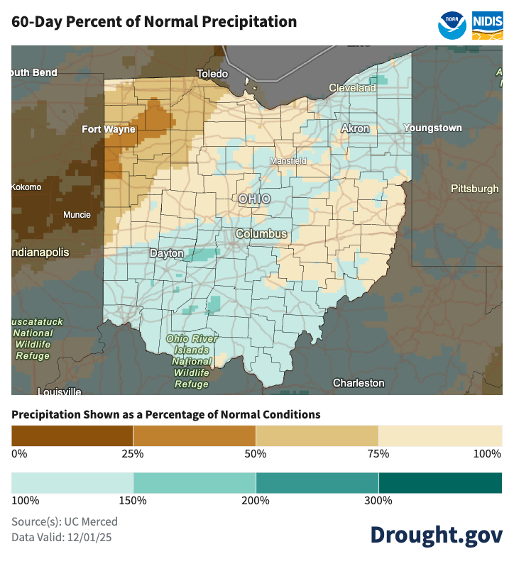 map of ohio with brown and white colors to indicate percentage of normal precipitation