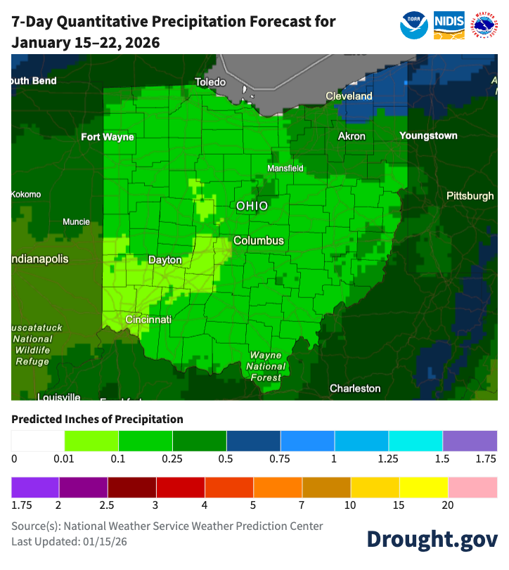 map of forecasted rain in Ohio over 7-days