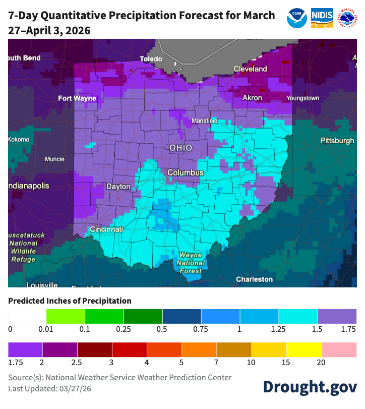 map of ohio with precipitation mapping colors for last 7 days