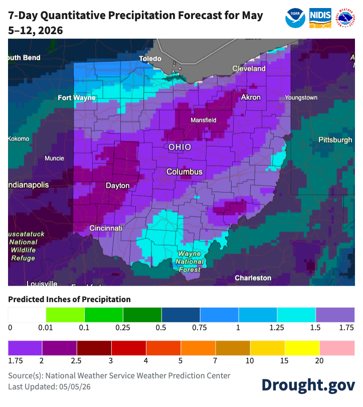 map of forecasted rain in Ohio over 7-days
