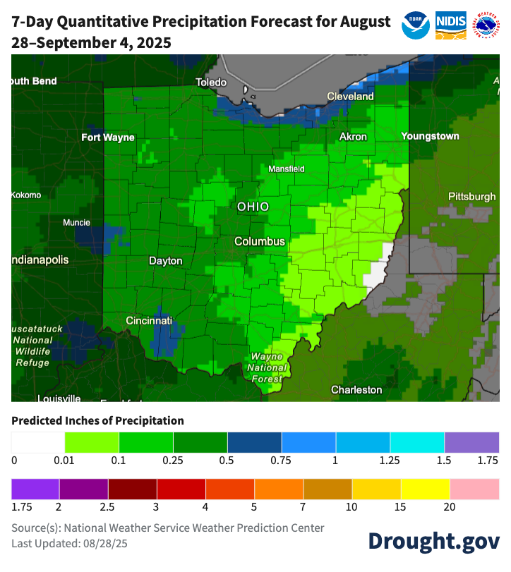 map of forecasted rain in Ohio over 7-days