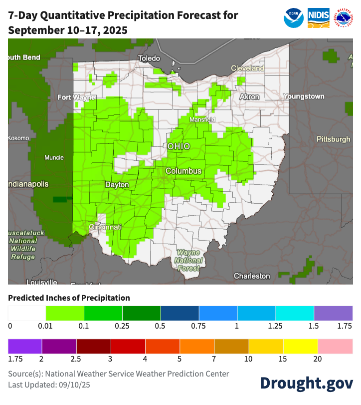 map of forecasted rain in Ohio over 7-days