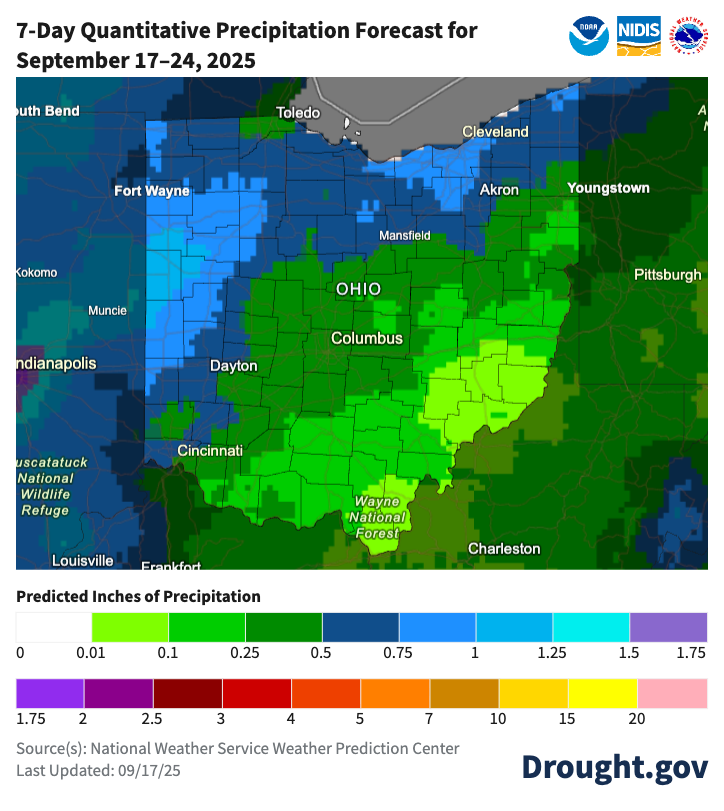 map of forecasted rain in Ohio over 7-days