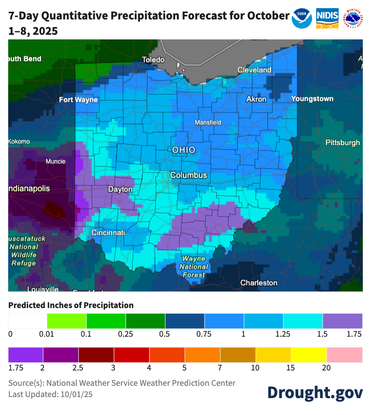 map of forecasted rain in Ohio over 7-days