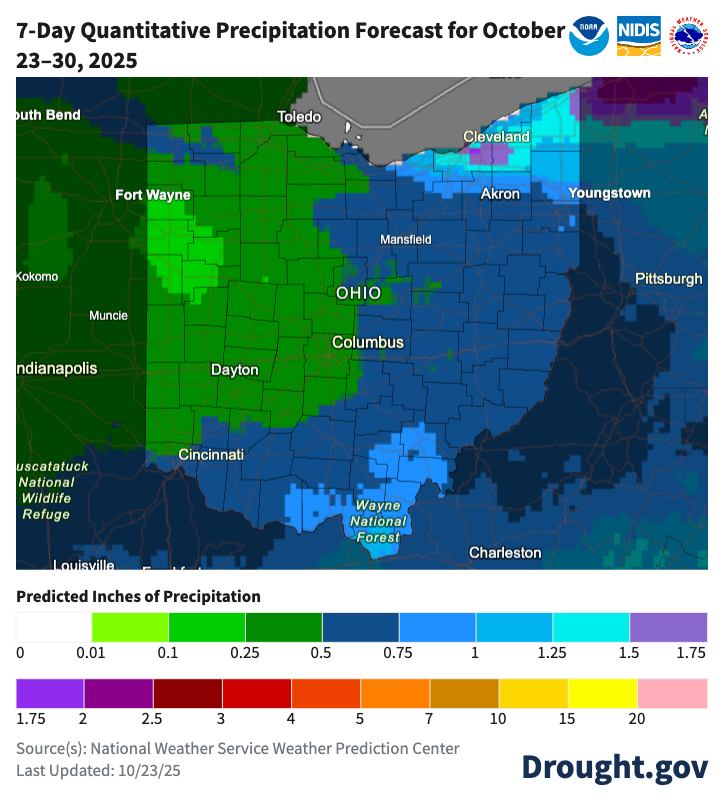 map of forecasted rain in Ohio over 7-days