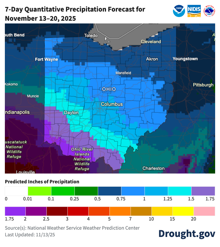 map of forecasted rain in Ohio over 7-days