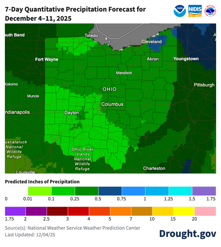 map of forecasted rain in Ohio over 7-days