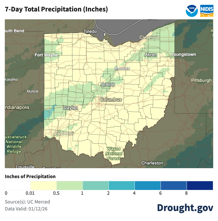map of ohio with precipitation mapping colors for last 7 days
