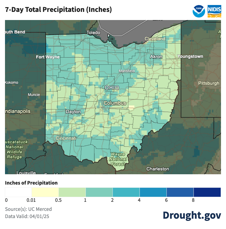 map of ohio with precipitation mapping colors for last 7 days
