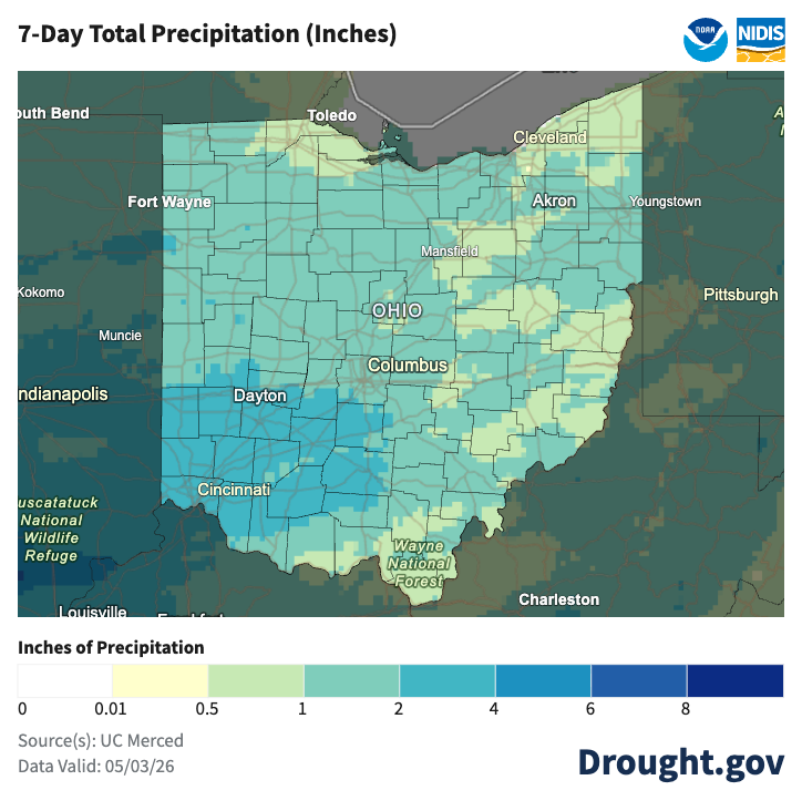 map of ohio with precipitation mapping colors for last 7 days