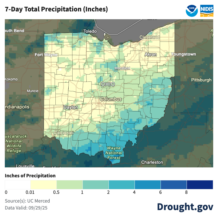 map of ohio with precipitation mapping colors for last 7 days