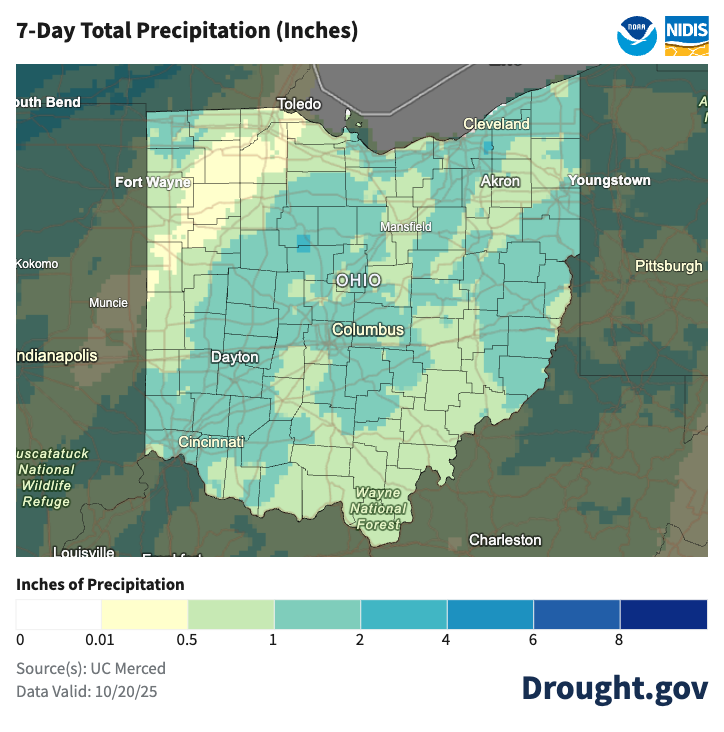 map of ohio with precipitation mapping colors for last 7 days