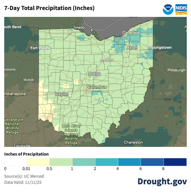 map of ohio with precipitation mapping colors for last 7 days
