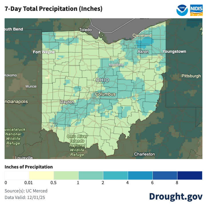 map of ohio with precipitation mapping colors for last 7 days