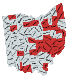 Map of Ohio with counties in red or grey to indicate forage quality issues