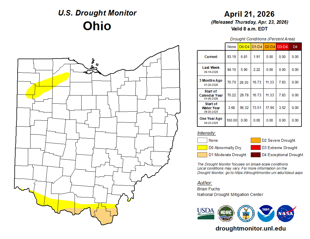 map of the state with yellow, orange, red, dark red to show current drought conditions